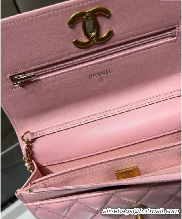 Classic Cheap Chanel Shiny Lambskin Wallet On Chain WOC AP3938 Pink 2025