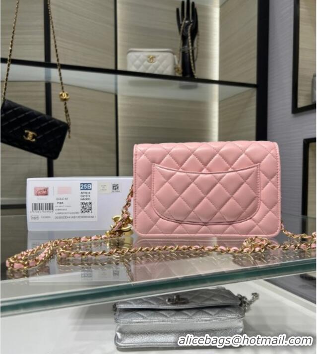 Classic Cheap Chanel Shiny Lambskin Wallet On Chain WOC AP3938 Pink 2025