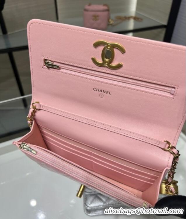 Classic Cheap Chanel Shiny Lambskin Wallet On Chain WOC AP3938 Pink 2025