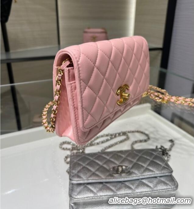 Classic Cheap Chanel Shiny Lambskin Wallet On Chain WOC AP3938 Pink 2025