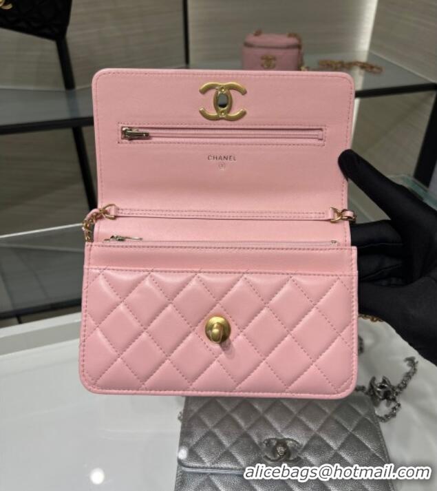 Classic Cheap Chanel Shiny Lambskin Wallet On Chain WOC AP3938 Pink 2025