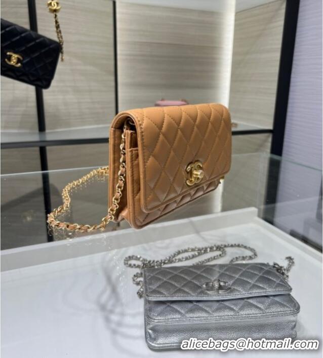 Modern Classic Chanel Shiny Lambskin Wallet On Chain WOC AP3938 Brown 2025