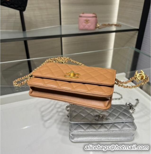 Modern Classic Chanel Shiny Lambskin Wallet On Chain WOC AP3938 Brown 2025