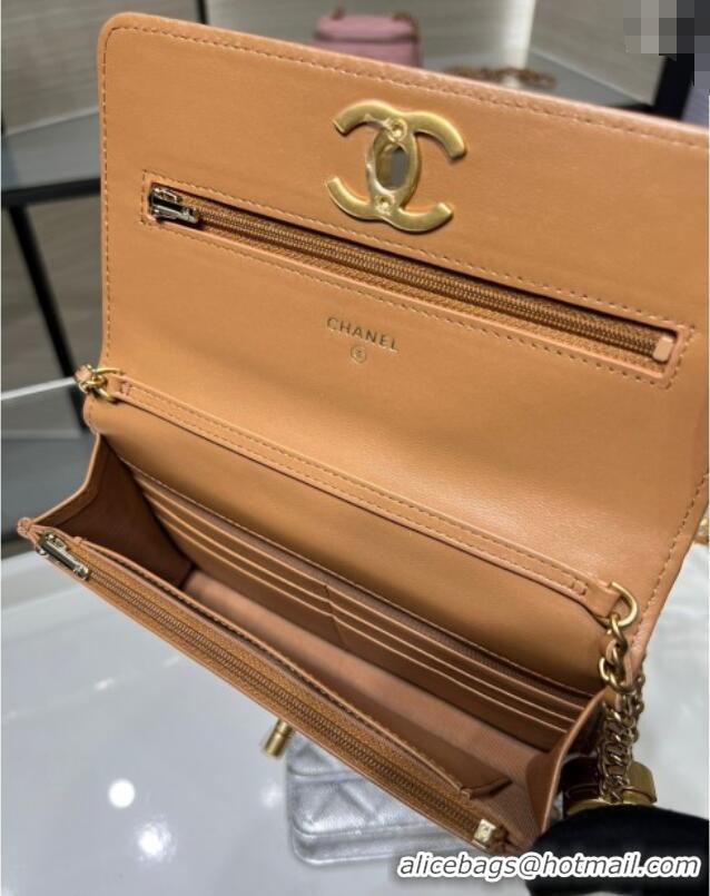 Modern Classic Chanel Shiny Lambskin Wallet On Chain WOC AP3938 Brown 2025