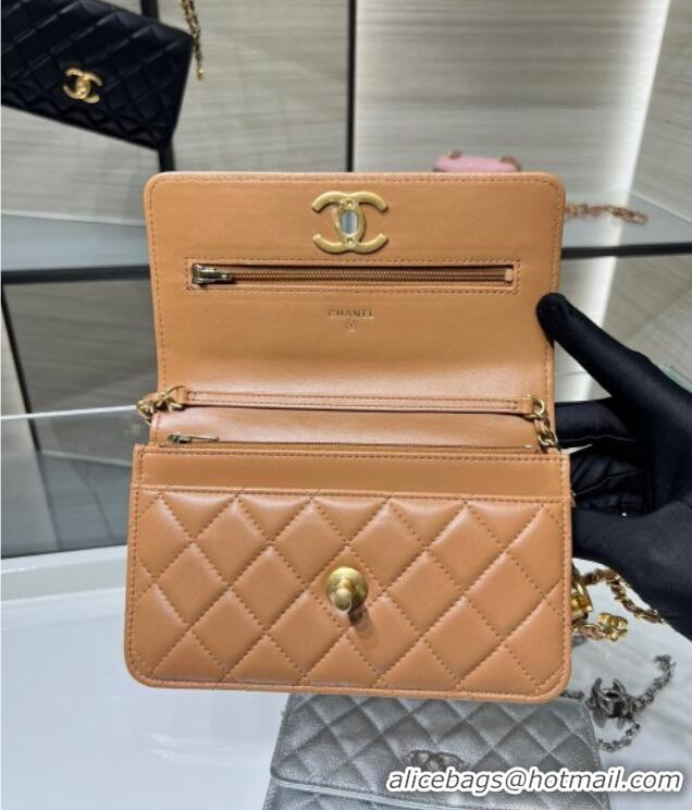 Modern Classic Chanel Shiny Lambskin Wallet On Chain WOC AP3938 Brown 2025