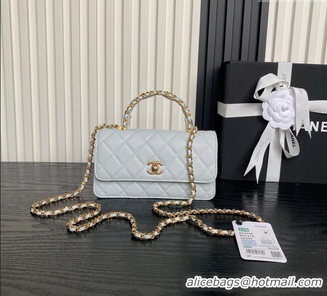 New Discount Chanel Grained Shiny Calfskin Clutch with chain and Top Handle AP4798 Light Blue 2025