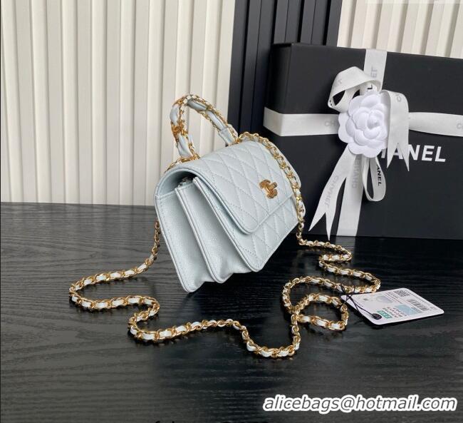 New Discount Chanel Grained Shiny Calfskin Clutch with chain and Top Handle AP4798 Light Blue 2025