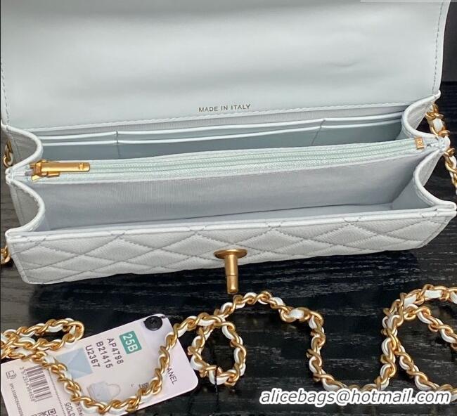 New Discount Chanel Grained Shiny Calfskin Clutch with chain and Top Handle AP4798 Light Blue 2025