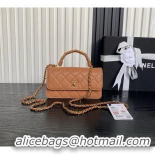 Buy Classic Chanel Grained Shiny Calfskin Clutch with chain and Top Handle AP4798 Brown 2025