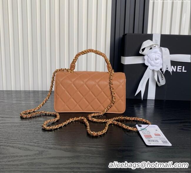 Buy Classic Chanel Grained Shiny Calfskin Clutch with chain and Top Handle AP4798 Brown 2025