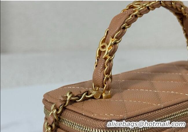 Promotional Chanel Grained Shiny Calfskin Long Vanity Case with Chain and Top Handle A96161 Brown 2025