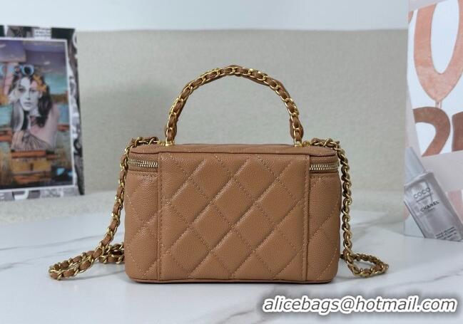 Promotional Chanel Grained Shiny Calfskin Long Vanity Case with Chain and Top Handle A96161 Brown 2025