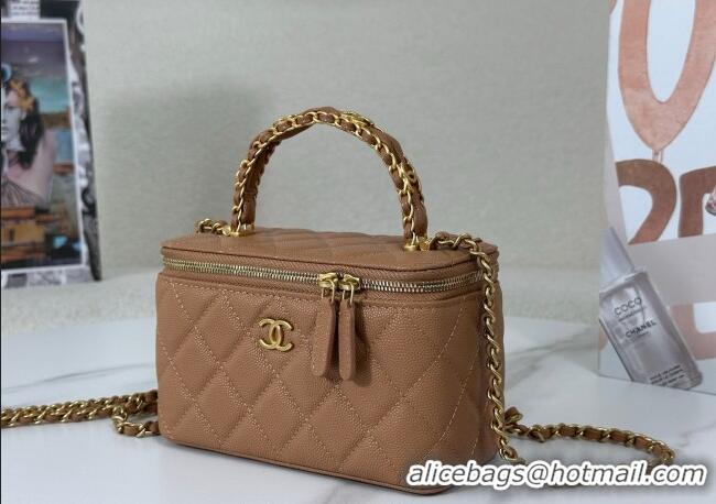 Promotional Chanel Grained Shiny Calfskin Long Vanity Case with Chain and Top Handle A96161 Brown 2025