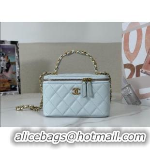 Spot Bulk Chanel Grained Shiny Calfskin Long Vanity Case with Chain and Top Handle A96161 Light Blue 2025