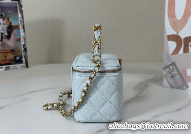 Spot Bulk Chanel Grained Shiny Calfskin Long Vanity Case with Chain and Top Handle A96161 Light Blue 2025