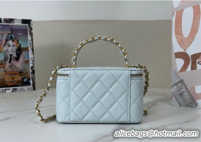 Spot Bulk Chanel Grained Shiny Calfskin Long Vanity Case with Chain and Top Handle A96161 Light Blue 2025