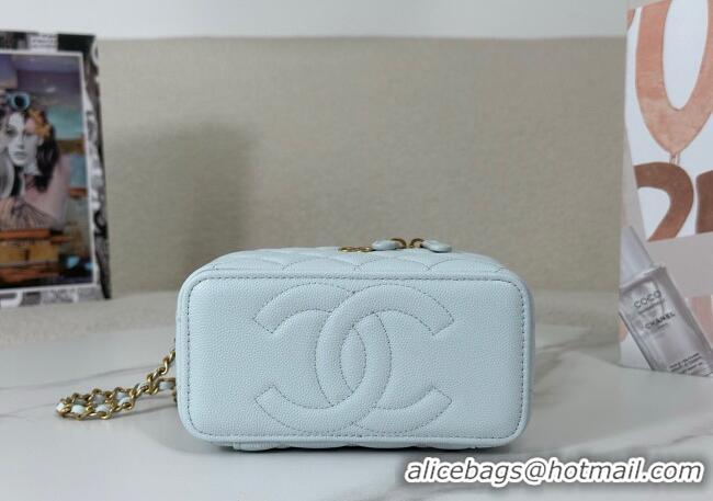 Spot Bulk Chanel Grained Shiny Calfskin Long Vanity Case with Chain and Top Handle A96161 Light Blue 2025