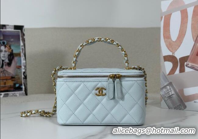 Spot Bulk Chanel Grained Shiny Calfskin Long Vanity Case with Chain and Top Handle A96161 Light Blue 2025