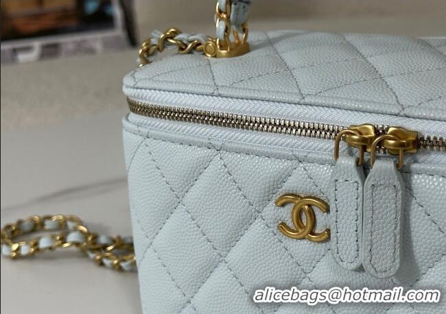 Spot Bulk Chanel Grained Shiny Calfskin Long Vanity Case with Chain and Top Handle A96161 Light Blue 2025