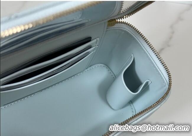 Spot Bulk Chanel Grained Shiny Calfskin Long Vanity Case with Chain and Top Handle A96161 Light Blue 2025
