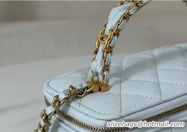 Spot Bulk Chanel Grained Shiny Calfskin Long Vanity Case with Chain and Top Handle A96161 Light Blue 2025