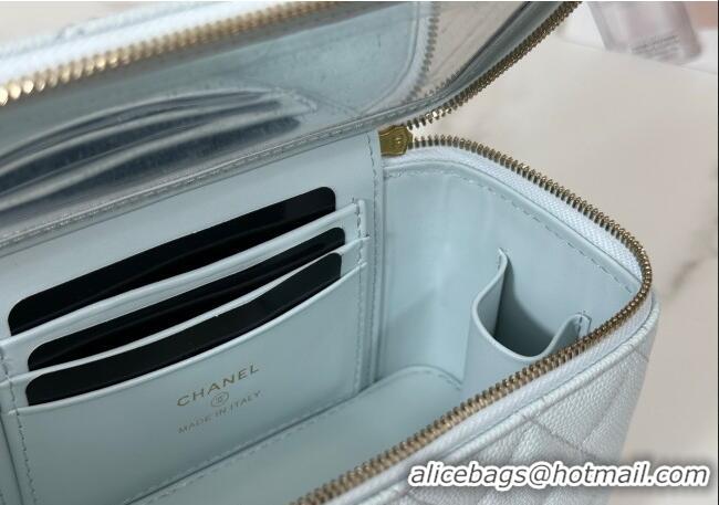 Spot Bulk Chanel Grained Shiny Calfskin Long Vanity Case with Chain and Top Handle A96161 Light Blue 2025