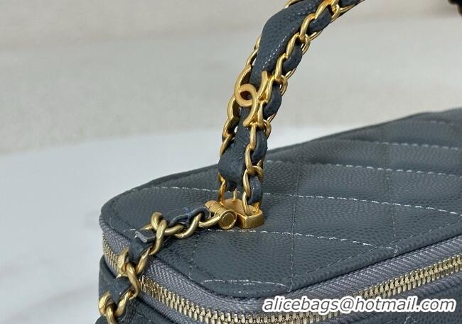 Grade Quality Chanel Grained Shiny Calfskin Long Vanity Case with Chain and Top Handle A96161 Dark Grey 2025
