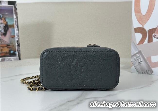 Grade Quality Chanel Grained Shiny Calfskin Long Vanity Case with Chain and Top Handle A96161 Dark Grey 2025