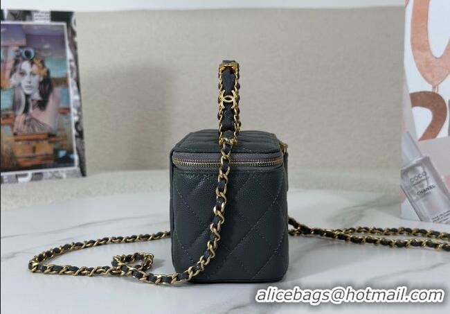Grade Quality Chanel Grained Shiny Calfskin Long Vanity Case with Chain and Top Handle A96161 Dark Grey 2025