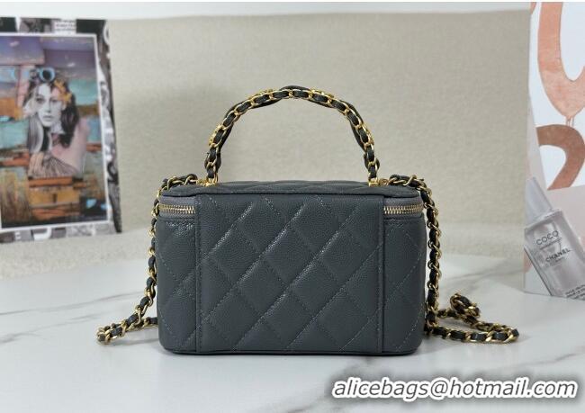 Grade Quality Chanel Grained Shiny Calfskin Long Vanity Case with Chain and Top Handle A96161 Dark Grey 2025