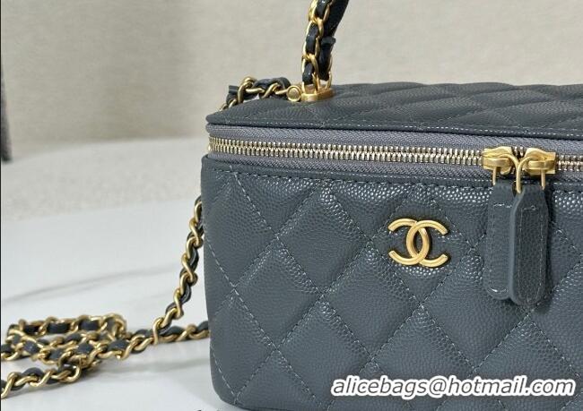 Grade Quality Chanel Grained Shiny Calfskin Long Vanity Case with Chain and Top Handle A96161 Dark Grey 2025