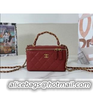 Low Price Chanel Grained Shiny Calfskin Long Vanity Case with Chain and Top Handle A96161 Red 2025