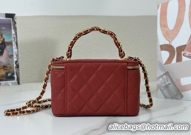 Low Price Chanel Grained Shiny Calfskin Long Vanity Case with Chain and Top Handle A96161 Red 2025