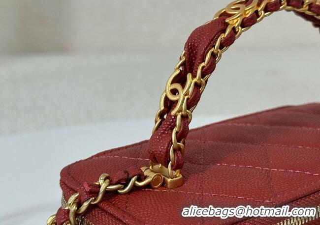 Low Price Chanel Grained Shiny Calfskin Long Vanity Case with Chain and Top Handle A96161 Red 2025