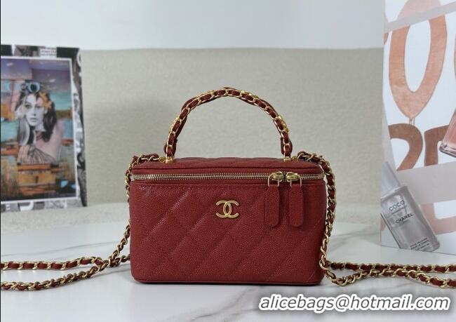 Low Price Chanel Grained Shiny Calfskin Long Vanity Case with Chain and Top Handle A96161 Red 2025