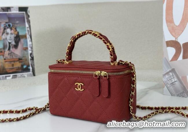 Low Price Chanel Grained Shiny Calfskin Long Vanity Case with Chain and Top Handle A96161 Red 2025