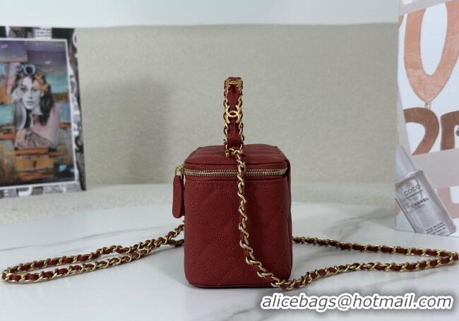 Low Price Chanel Grained Shiny Calfskin Long Vanity Case with Chain and Top Handle A96161 Red 2025