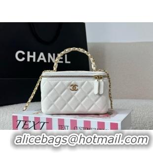 Spot Discount Chanel Grained Shiny Calfskin Long Vanity Case with Chain and Top Handle A96161 White 2025