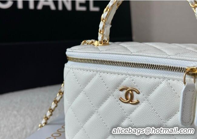 Spot Discount Chanel Grained Shiny Calfskin Long Vanity Case with Chain and Top Handle A96161 White 2025