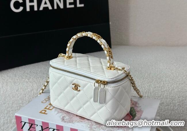 Spot Discount Chanel Grained Shiny Calfskin Long Vanity Case with Chain and Top Handle A96161 White 2025