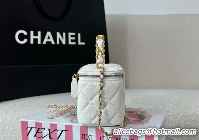 Spot Discount Chanel Grained Shiny Calfskin Long Vanity Case with Chain and Top Handle A96161 White 2025