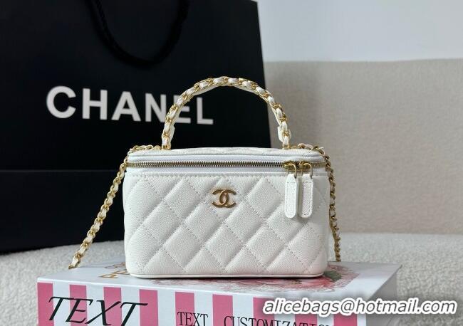 Spot Discount Chanel Grained Shiny Calfskin Long Vanity Case with Chain and Top Handle A96161 White 2025
