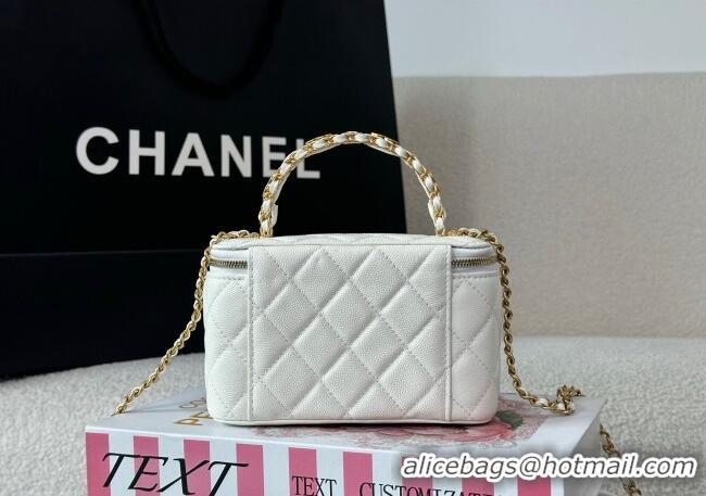 Spot Discount Chanel Grained Shiny Calfskin Long Vanity Case with Chain and Top Handle A96161 White 2025