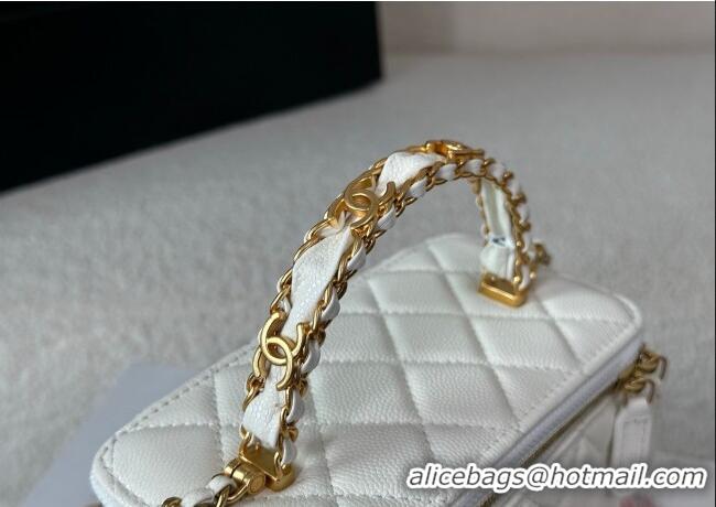Spot Discount Chanel Grained Shiny Calfskin Long Vanity Case with Chain and Top Handle A96161 White 2025