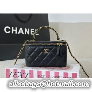 Inexpensive Chanel Grained Shiny Calfskin Long Vanity Case with Chain and Top Handle A96161 Black 2025