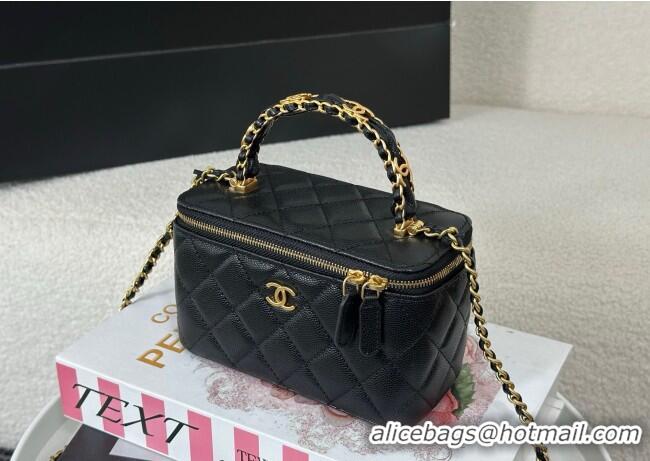 Inexpensive Chanel Grained Shiny Calfskin Long Vanity Case with Chain and Top Handle A96161 Black 2025