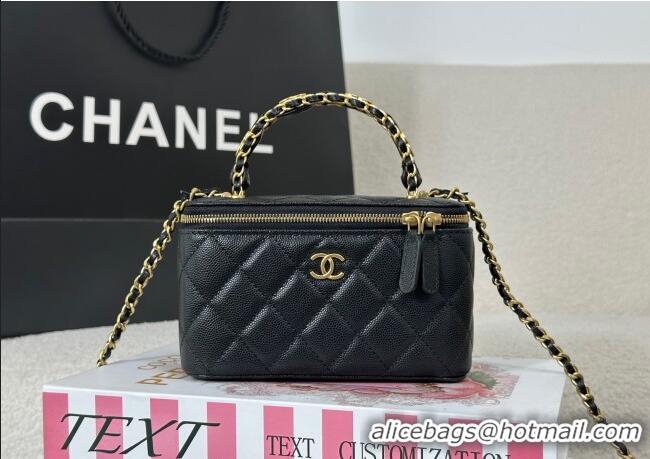 Inexpensive Chanel Grained Shiny Calfskin Long Vanity Case with Chain and Top Handle A96161 Black 2025