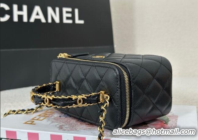 Inexpensive Chanel Grained Shiny Calfskin Long Vanity Case with Chain and Top Handle A96161 Black 2025