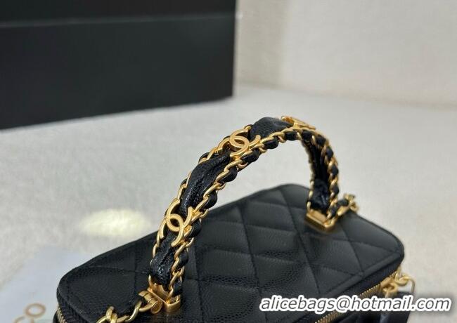 Inexpensive Chanel Grained Shiny Calfskin Long Vanity Case with Chain and Top Handle A96161 Black 2025