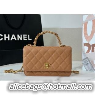 Original Cheap Chanel Grained Shiny Calfskin Wallet on Chain with Top Handle WOC AP4785 Camel Brown 2025